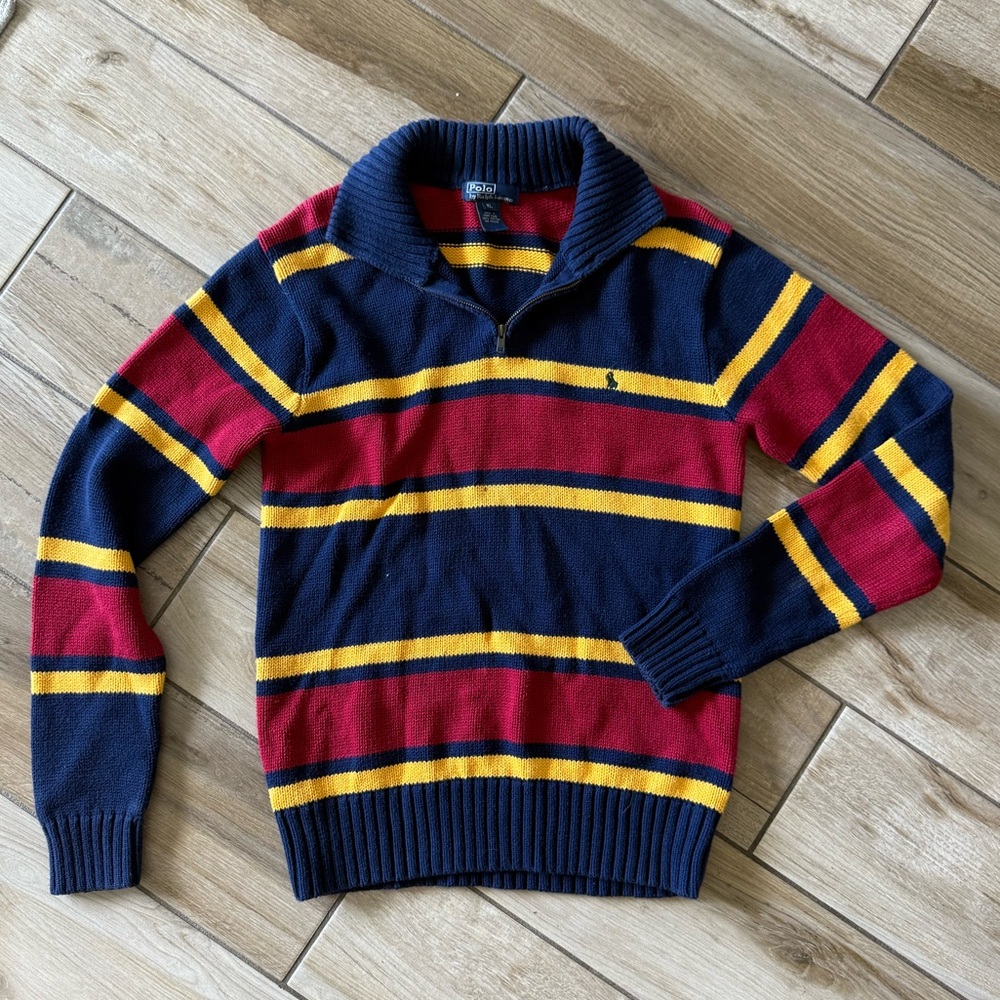 Polo Ralph Lauren Striped Quarter-Zip Sweater – Tagged XL, Fits Like Small